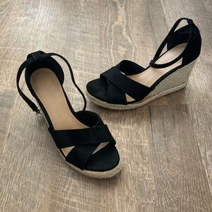 LOFT | Ann Taylor Classy Black Open Toe Espadrille Wedge Heels